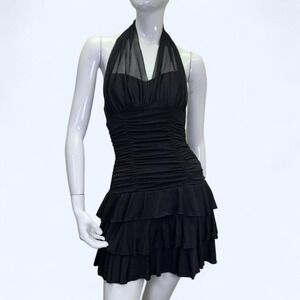 Y2K XOXO Collection black halter mini dress featuring a sheer mesh neckline